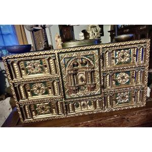 Salamanca Esp vers 1600, Bargueno bois naturel sculpté peint et doré, plaquettes os peintes fer