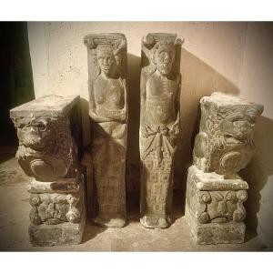 Renaissance Period (16th Cty) Stone Carved Fireplace, Anthropomorphic Pilars