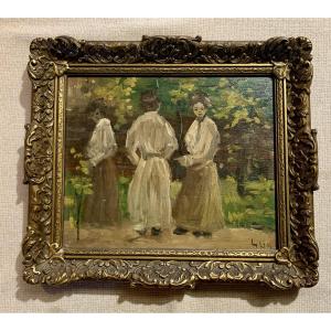 Japonaises dans un parc, attribution à Job Heinrich FRESE (1914-1986), peinture sur panneau 