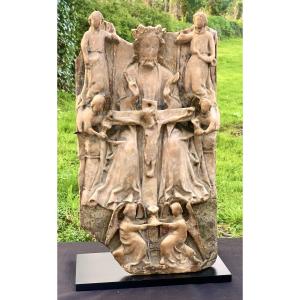 15th C. Nottingham Large Polychrome & Gilded Alabaster Panel Holy Trinity