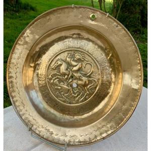 Nuremberg 16th Cty, Brass Alms Dish Depicting St. George Slaying The Dragon