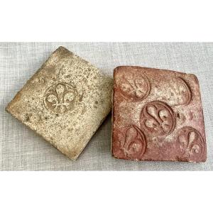 Pendant 2 gds carreaux médiévaux estampés fleurs lys, provenance Abbaye Royale Réau Poitou