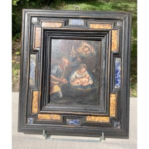 Huile sur panneau Rome déb XVIIe s "La Ste Famille" ou "Nativité" Carlo SARACENI