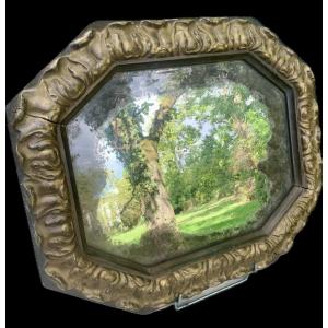 Large Baroque Italian 17th Cty Mercury Mirror With Its Octagonal Carved Wood & Gilt Frame