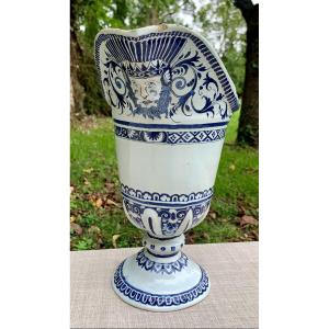 Very Large Late 17th Rouen Ceramic Ewer Shades Of Blue, With Relief Lambrequins & Indian Head