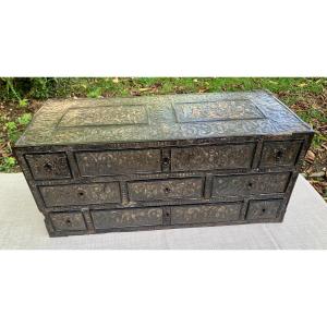 Circa 1600, Northern Italy? Pastiglia Travel Cabinet Imitating Cordoba Leather