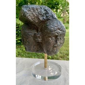 Museum:10/11th Small Black Stone (basalt ?) Carved Capital With 4 African Faces