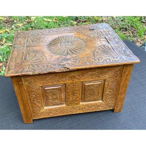 Louis XIV Era Folk Art, Walnut All Sides Carved Mastery Or Wedding Box, George Soubeyrou