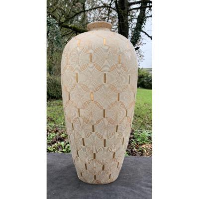 Large Art Deco Cracked Ceramic Vase With Spirales & Gildings