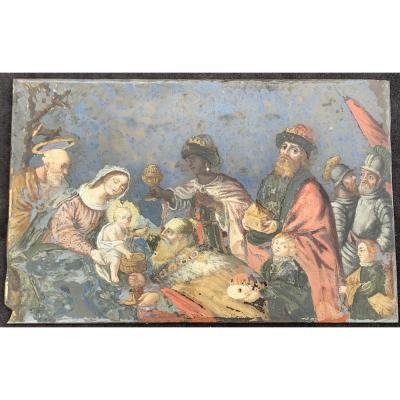 Rare Under Glass Fixed Painting XVIIth  Adoration Of The Magi