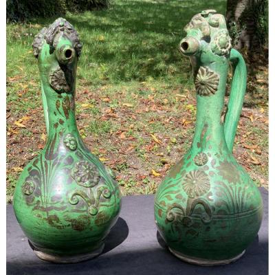 Pair Green Ceramic Pitchers Canakkale (turkey) , Early XIXth Cty