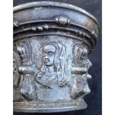 Bronze Mortar XVII Religious Appliques, Anne De Bretagne, Virgin Child ...