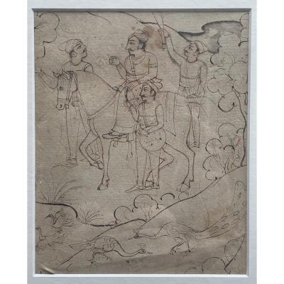 XIXth Indian Drawing & Wash, Rider With Peacocks