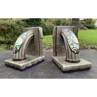 Pair Ceramic Art Deco Bookend Circa 1928  By Louis Dage, Signed d'Argyl