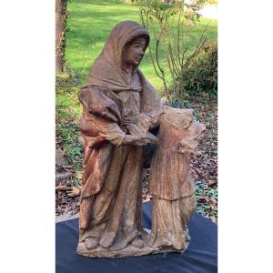 17th Century Large Stone Carved Statue Of Ste Anne Learning To Read To The Virgin 