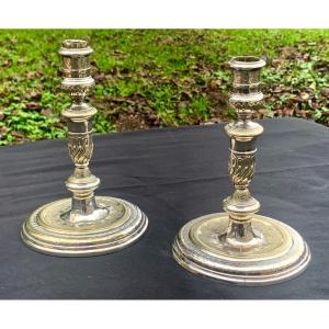 Louis XIV Period  Chiseled Silver Bronze Candlesticks Pair