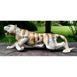 Sculpture grès flammé Rambervillers le tigre blessé yeux sulfure, 1920