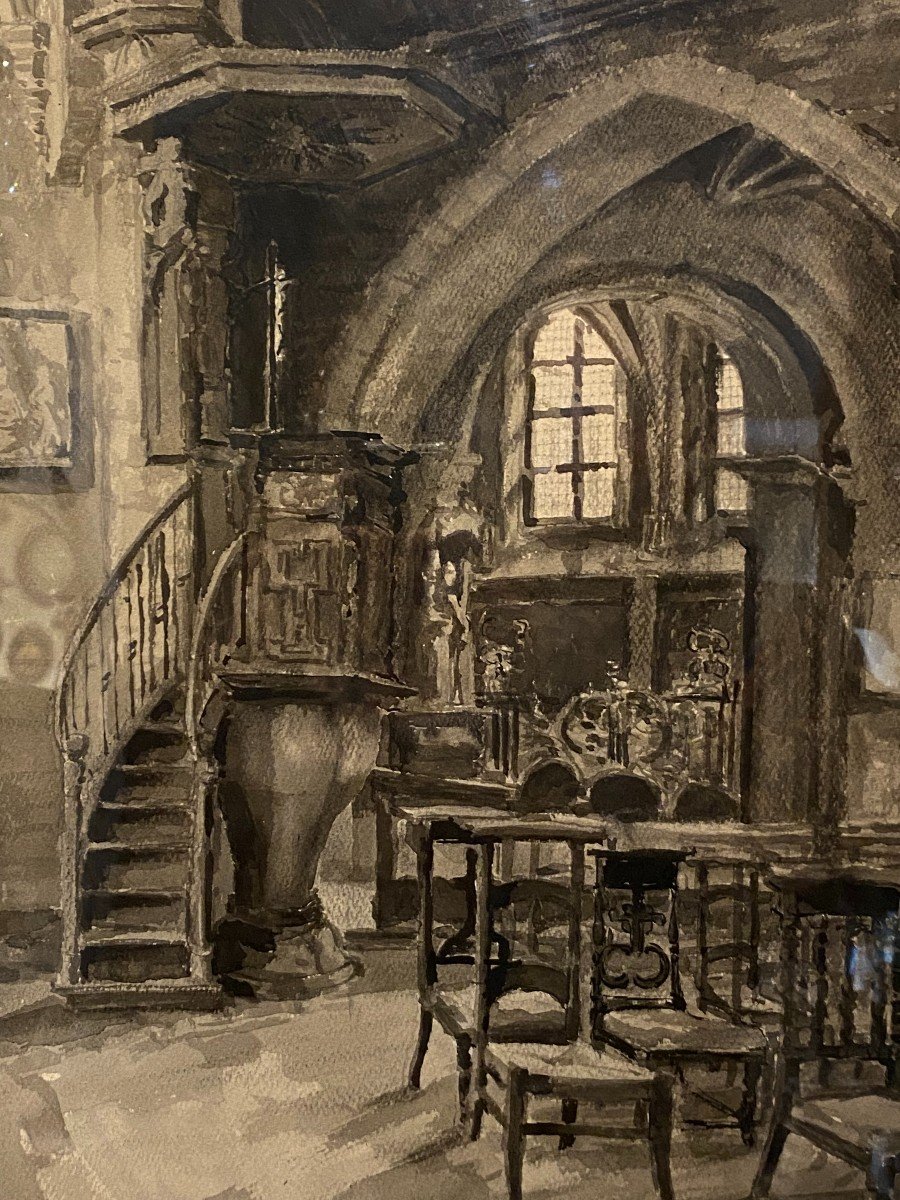 Church Interior, Watercolor, Charles Londot