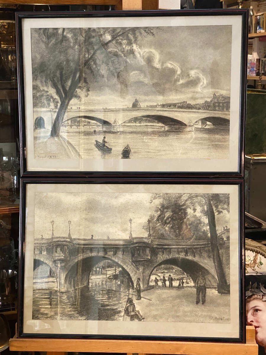 Pair Of Charcoals, Bridges Of Paris, Jacques Nervat, 1944