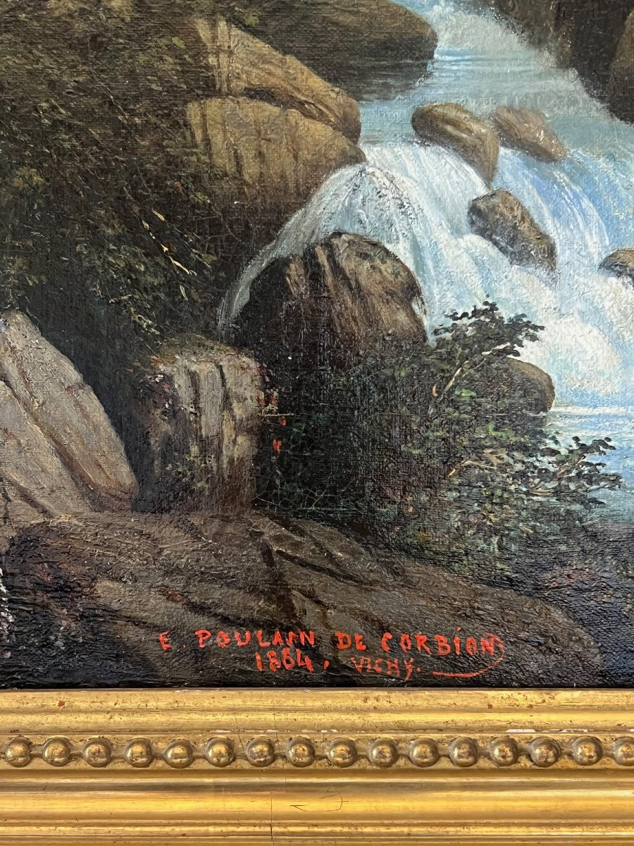 Mountain Waterfall, Vichy, 1864, E. Poulain De Corbion, Oil On Canvas Signed And Dated.-photo-1