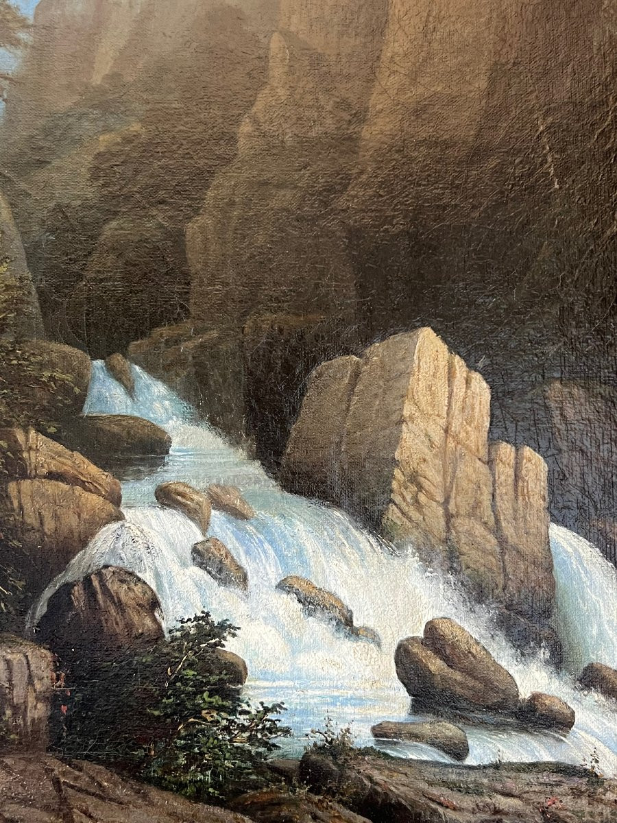 Mountain Waterfall, Vichy, 1864, E. Poulain De Corbion, Oil On Canvas Signed And Dated.-photo-5