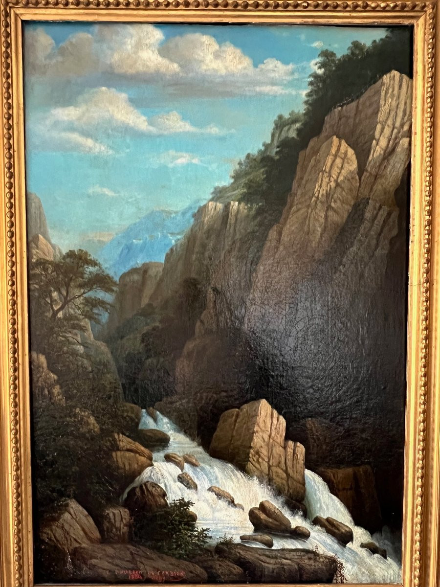 Mountain Waterfall, Vichy, 1864, E. Poulain De Corbion, Oil On Canvas Signed And Dated.-photo-7