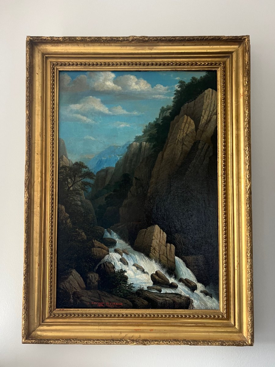 Mountain Waterfall, Vichy, 1864, E. Poulain De Corbion, Oil On Canvas Signed And Dated.-photo-8