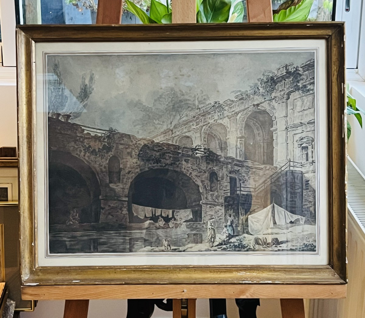  Vue de ruines antiques animées, scène de genre près d’un pont romain, Hubert Robert 