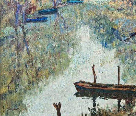 Jean Sieurin - Paysage De Normandie, l'Eure à Pont-de-l'arche, Oil On Canvas Signed, 20th Century-photo-2