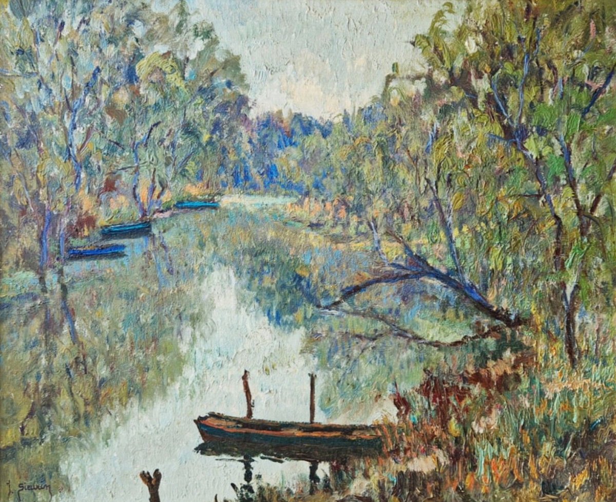 Jean Sieurin - Paysage De Normandie, l'Eure à Pont-de-l'arche, Oil On Canvas Signed, 20th Century-photo-4