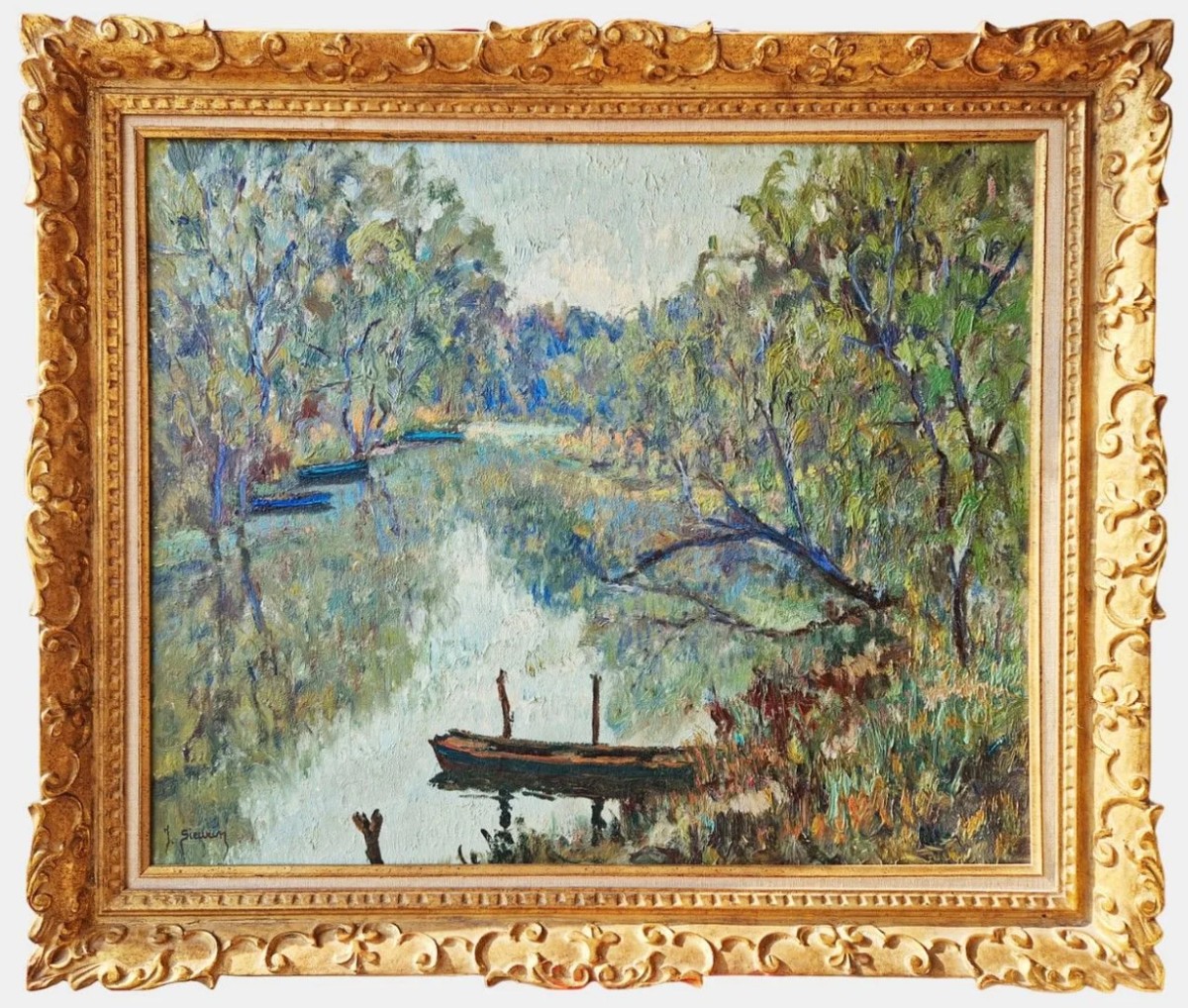 Jean Sieurin - Paysage De Normandie, l'Eure à Pont-de-l'arche, Oil On Canvas Signed, 20th Century