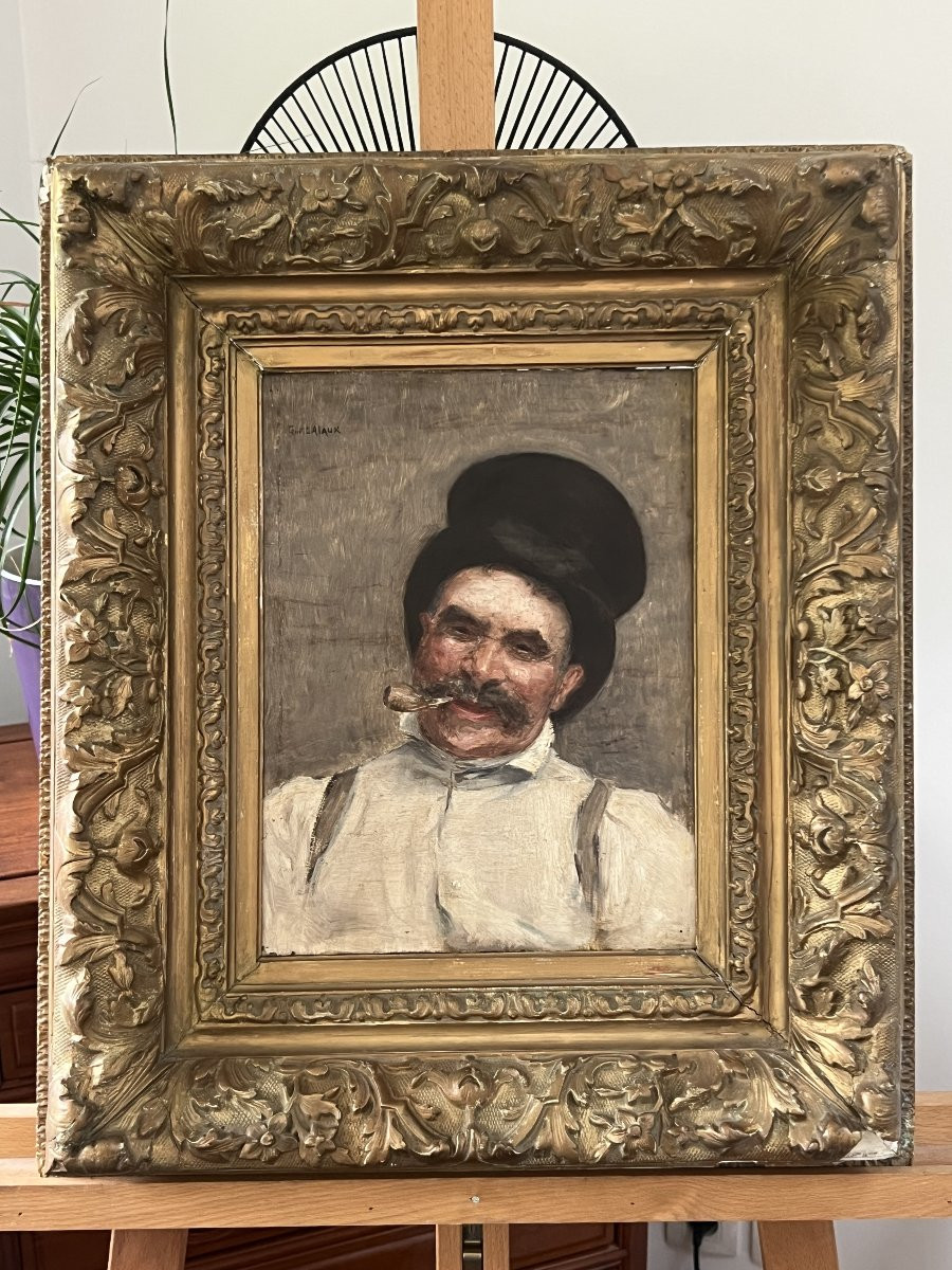 Guillaume Alaux (1856-1912) - Portrait Of A Man With A Pipe, Oil On Panel-photo-1