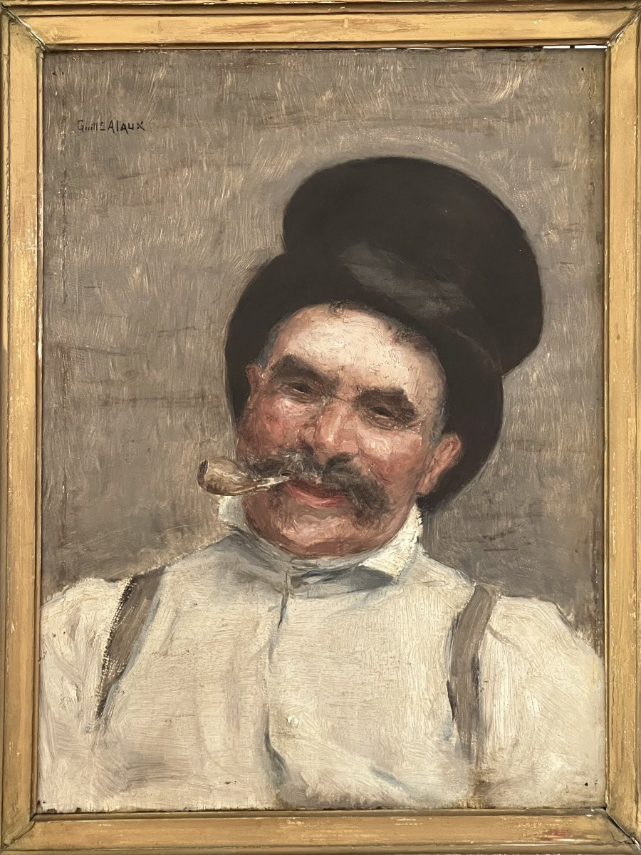 Guillaume Alaux (1856-1912) - Portrait Of A Man With A Pipe, Oil On Panel-photo-3
