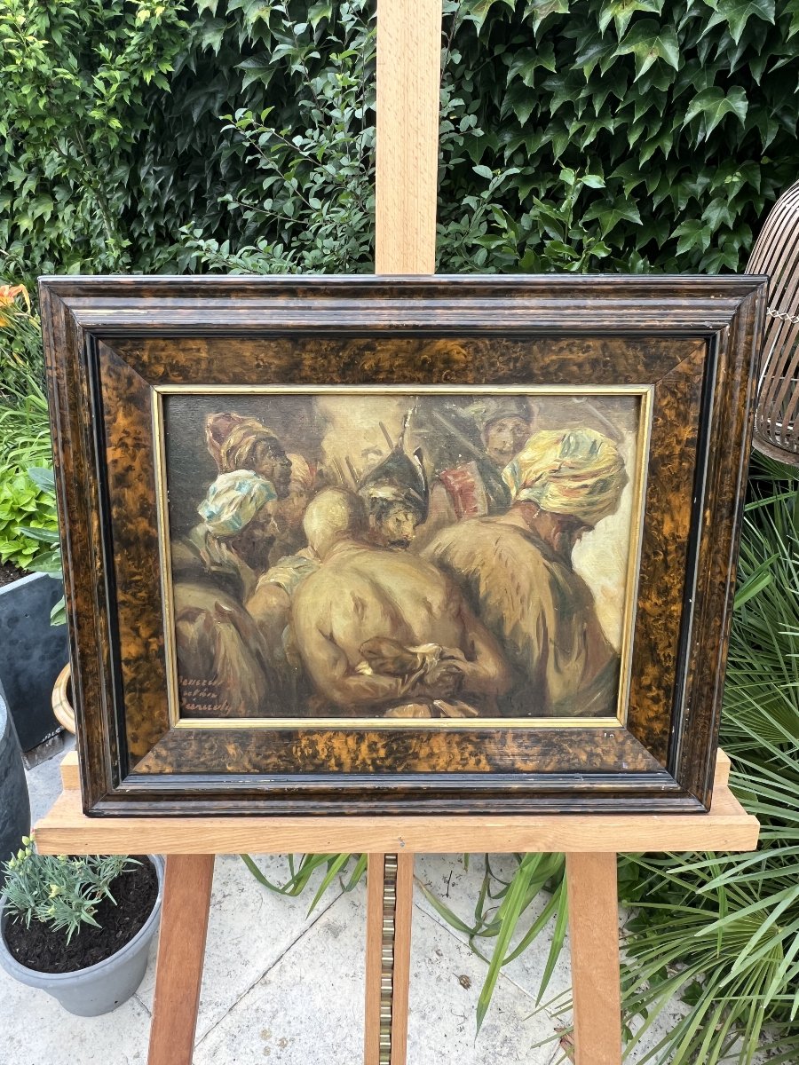 Le Marché aux esclaves, École orientaliste vers 1900, dans le goût d’Eugène Delacroix-photo-3