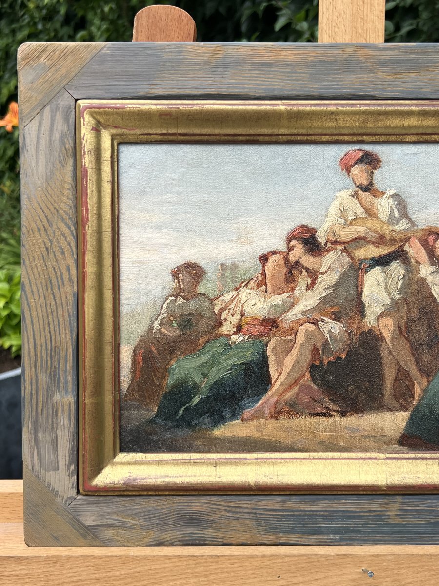 Pêcheurs Musiciens Sur Le Rivage, Romantic Sketch 19th Century-photo-4