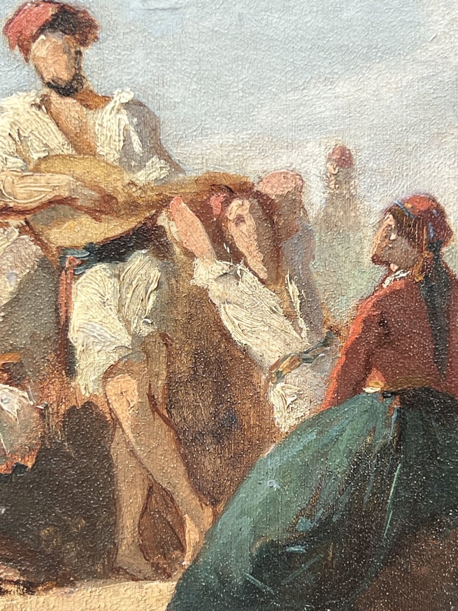 Pêcheurs Musiciens Sur Le Rivage, Romantic Sketch 19th Century-photo-1
