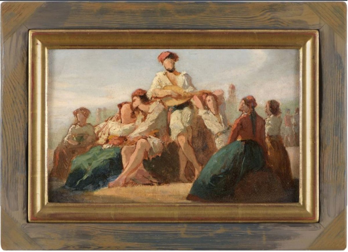 Pêcheurs Musiciens Sur Le Rivage, Romantic Sketch 19th Century