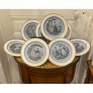 Choisy Earthenware Plates, Galante Scene Decor, 19th Century