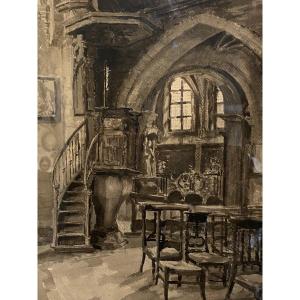 Interieur d'Eglise, Aquarelle, Charles Londot