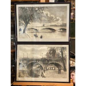 Pair Of Charcoals, Bridges Of Paris, Jacques Nervat