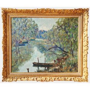 Jean Sieurin - Paysage De Normandie, l'Eure à Pont-de-l'arche, Oil On Canvas Signed, 20th Century