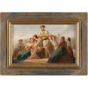 Pêcheurs Musiciens Sur Le Rivage, Romantic Sketch 19th Century