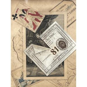 Trompe-l’œil aux billets, gravures et carte à jouer, Antoine-Germain Bevalet