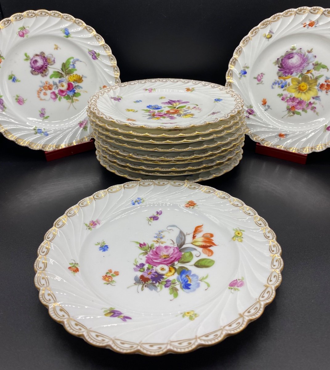 12 Dessert Plates Enamelled Porcelain Painted Saxony Nineteenth-photo-2