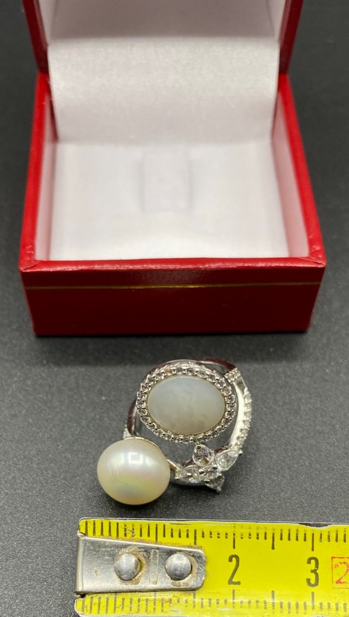 Bague Argent Massif & Nacre & Oxydes De Zirconium Vers 1980-photo-2