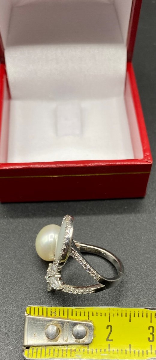 Bague Argent Massif & Nacre & Oxydes De Zirconium Vers 1980-photo-1