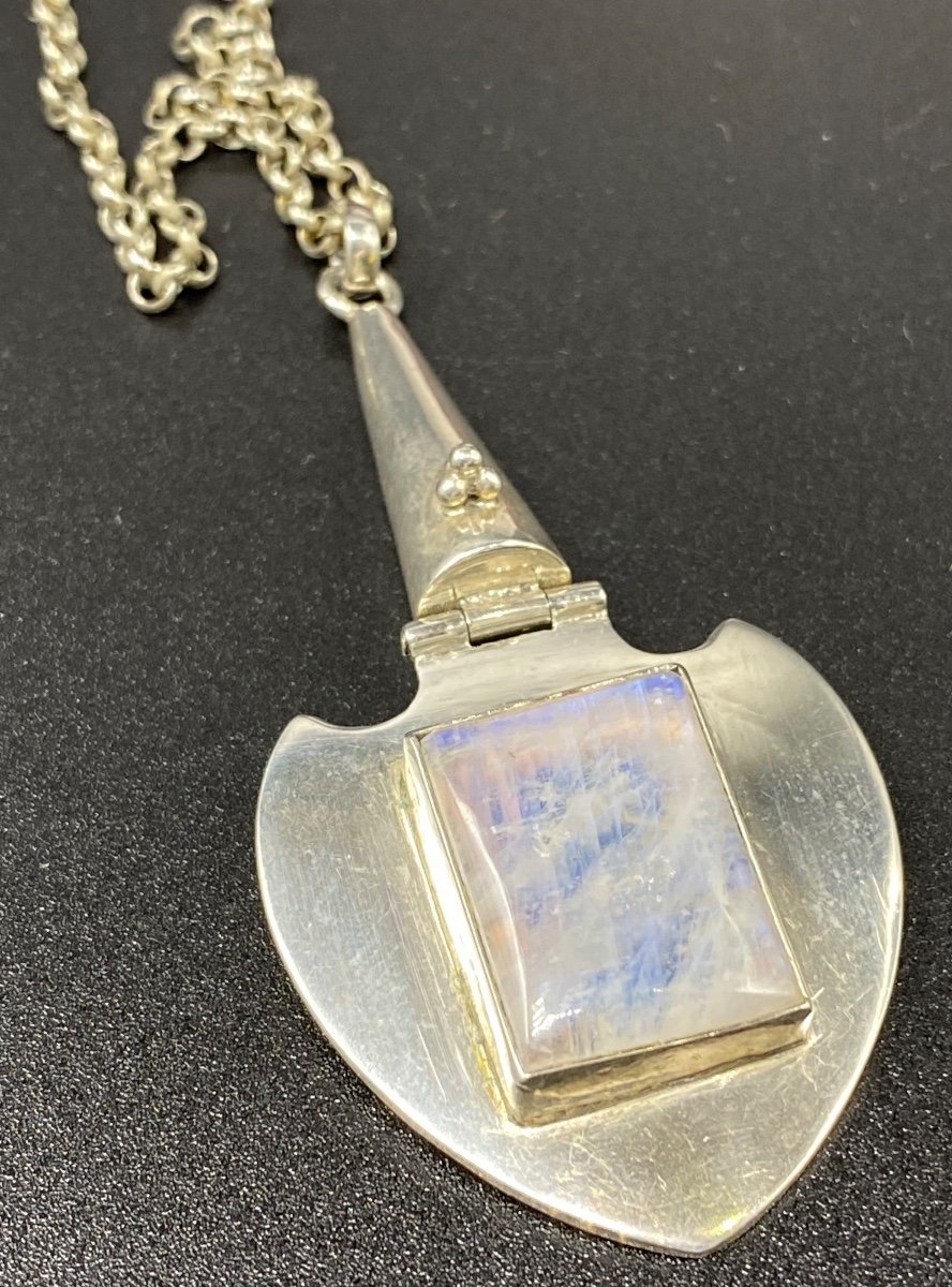 Pendentif Argent Massif Et Cabochon De Labradorite Vers 1950-photo-2