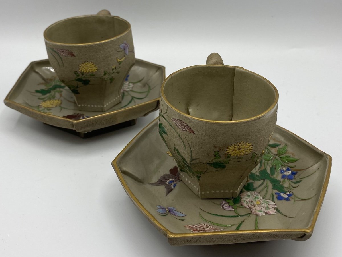 Paire De Tasse En Terre Cuite émaillée Japonaise Vers 1900-photo-3