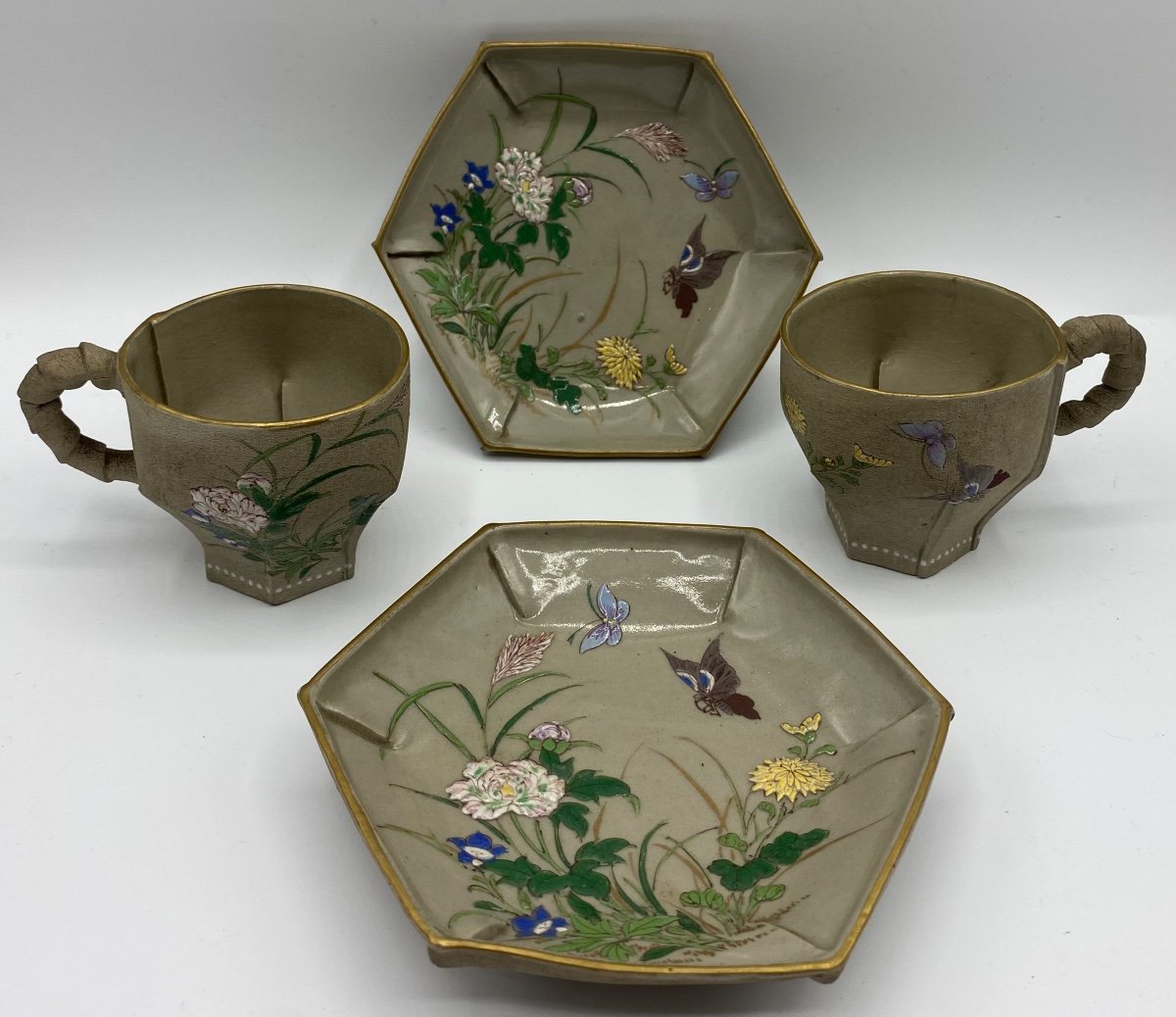 Paire De Tasse En Terre Cuite émaillée Japonaise Vers 1900-photo-4