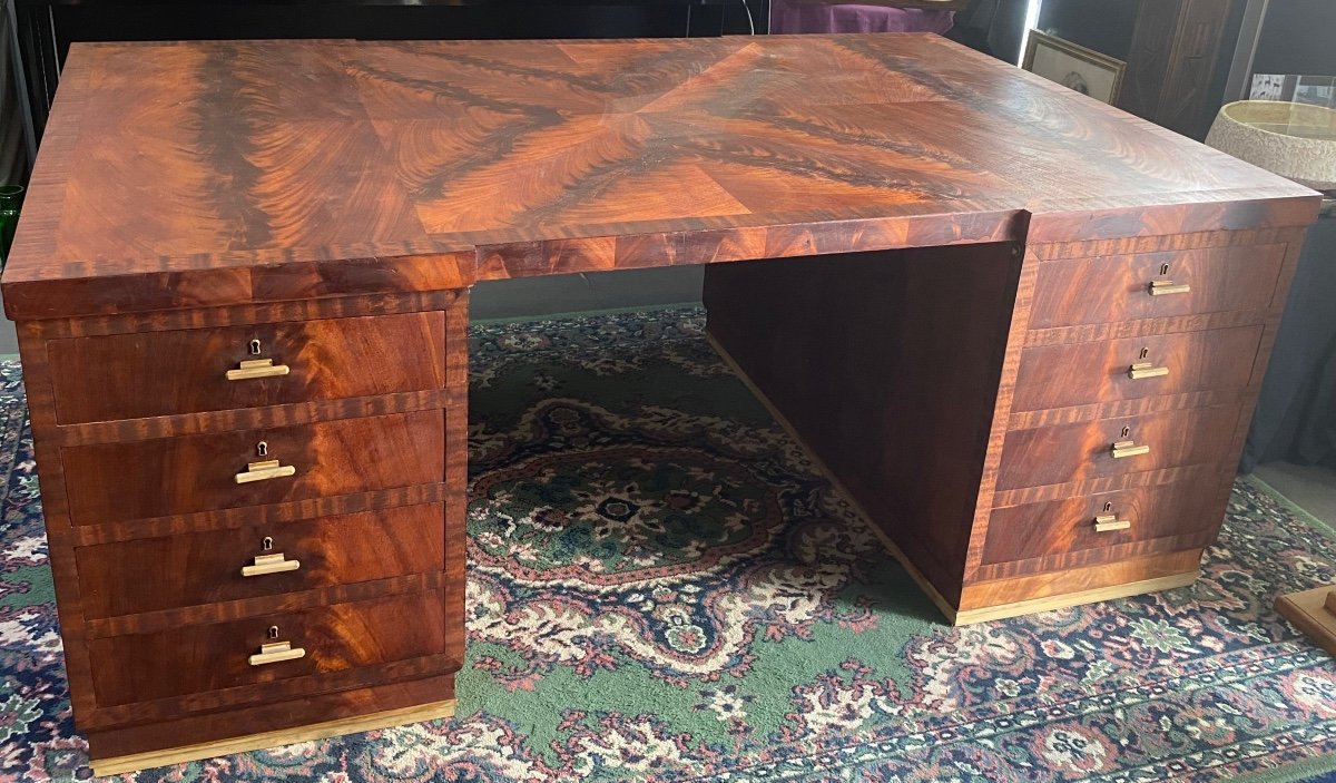 Art Deco Double Desk In Oak Flamed Mahogany Veneer